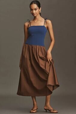 New Anthropologie Square-Neck Twofer Midi Dress $158 X-SMALL Navy/Brown